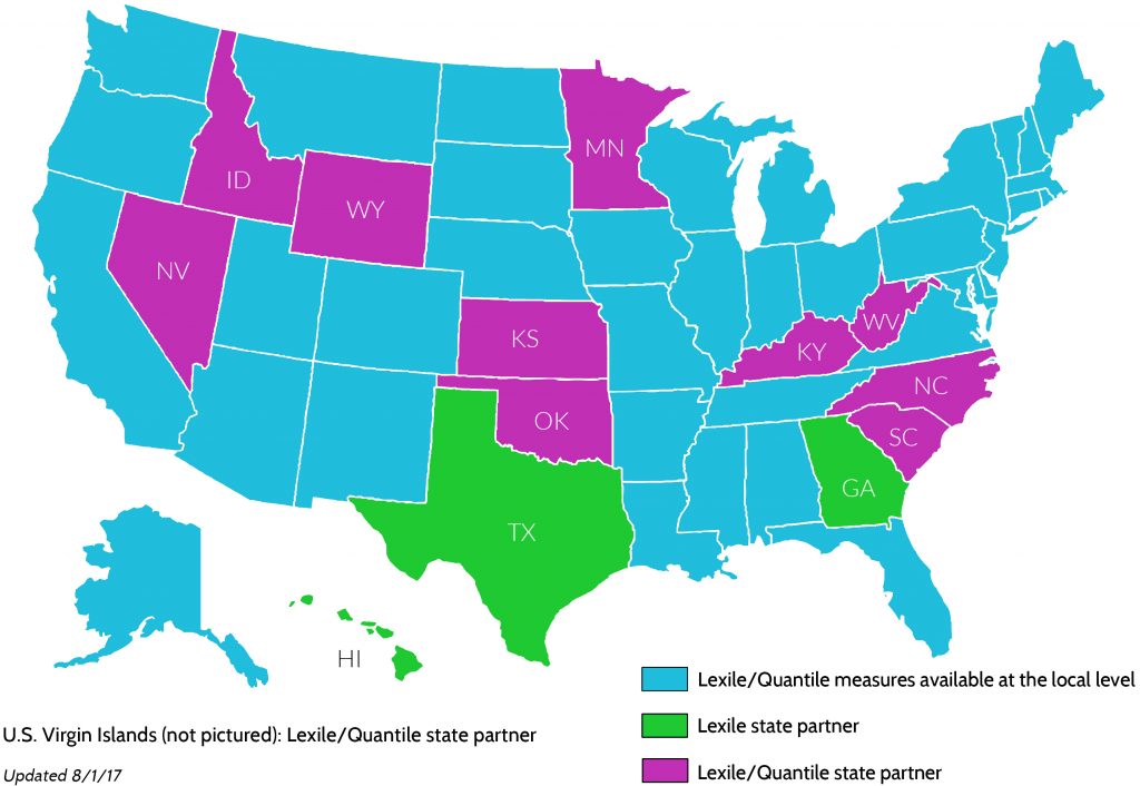 A US Map showing that Lexile and Quantile measures are reported at a district and state level.