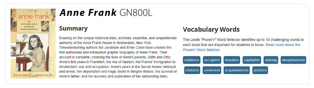 Example of PowerV vocab words displaying on a book's detail page on "Find a Book"